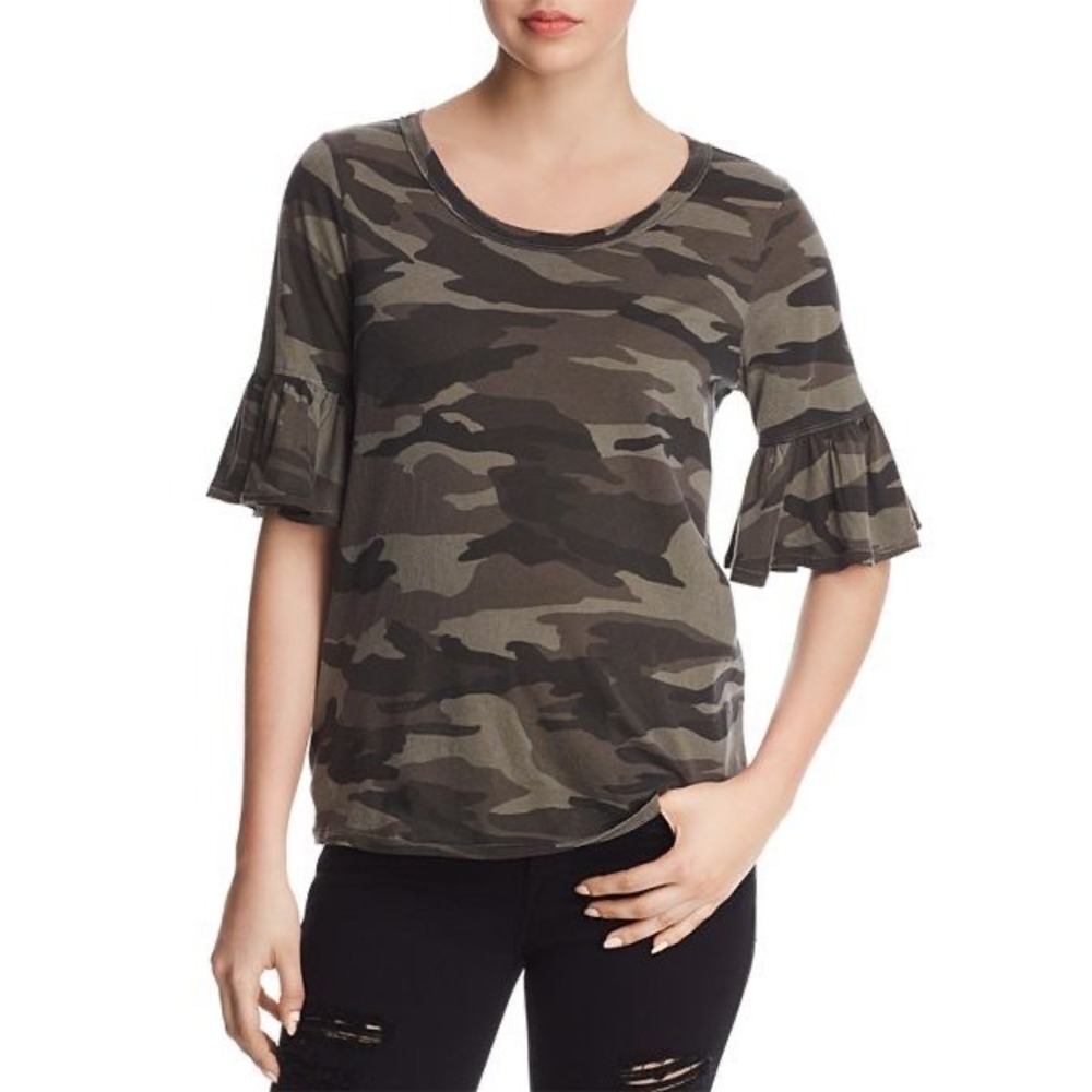 Splendid Camo Print Ruffle‎ Bell Sleeve Supima Cotton Top Olive Green XS